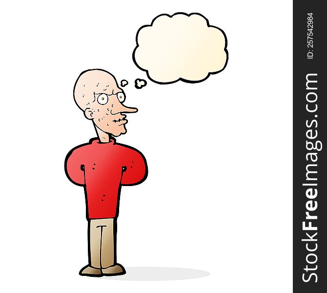 cartoon evil bald man with thought bubble