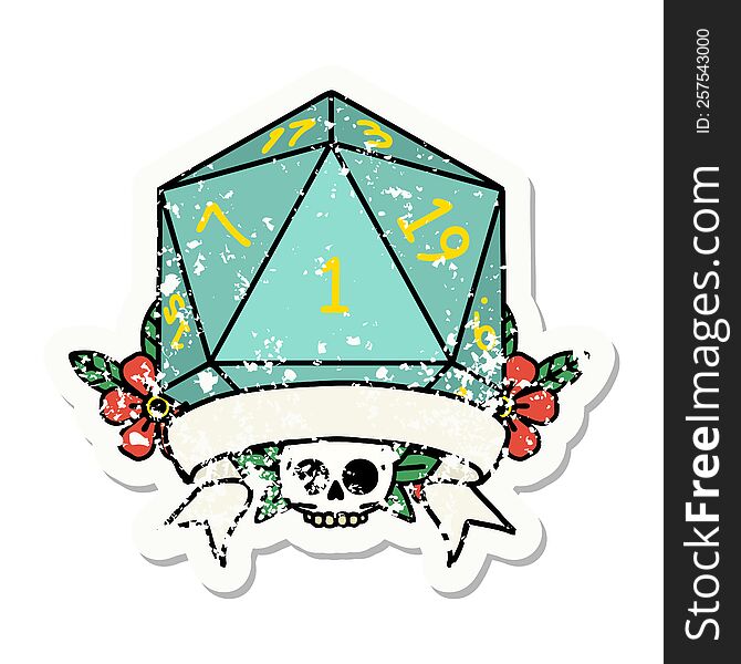 grunge sticker of a natural one d20 dice roll. grunge sticker of a natural one d20 dice roll