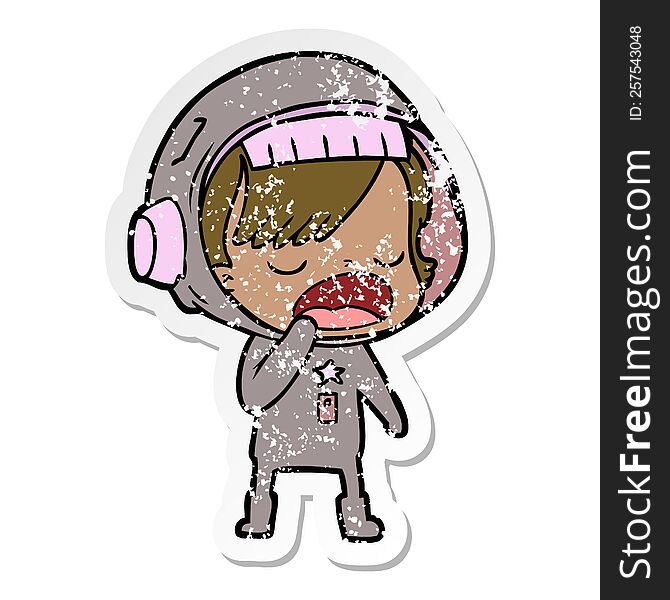 distressed sticker of a cartoon astronaut woman yawning