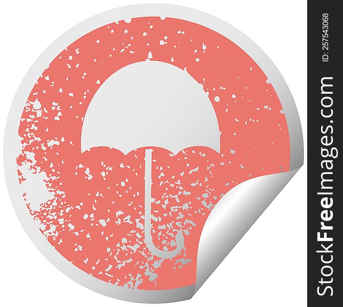 Distressed Circular Peeling Sticker Symbol Of A Open Umbrella