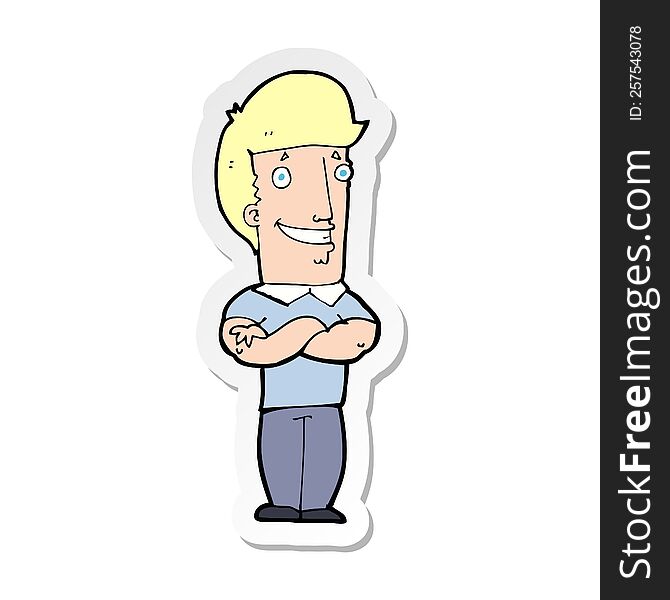 sticker of a cartoon man with folded arms grinning