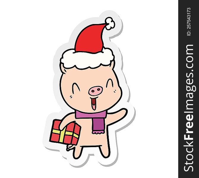 happy hand drawn sticker cartoon of a pig with xmas present wearing santa hat