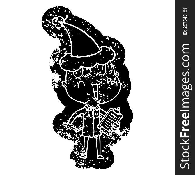 quirky cartoon distressed icon of a happy boy surprised wearing santa hat