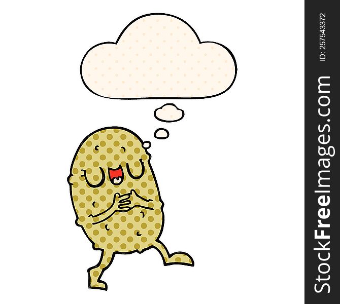 cartoon happy potato with thought bubble in comic book style