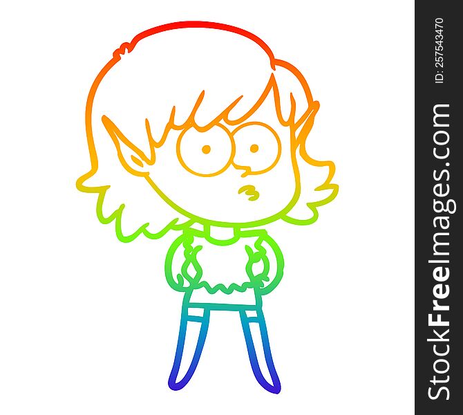 rainbow gradient line drawing of a cartoon elf girl staring