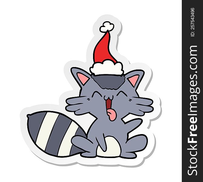 Cute Sticker Cartoon Of A Raccoon Wearing Santa Hat
