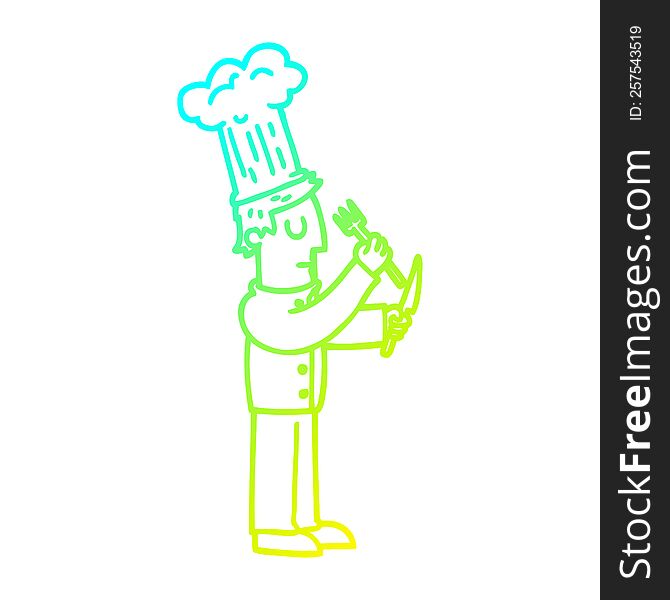 Cold Gradient Line Drawing Cartoon Chef With Knife And Fork