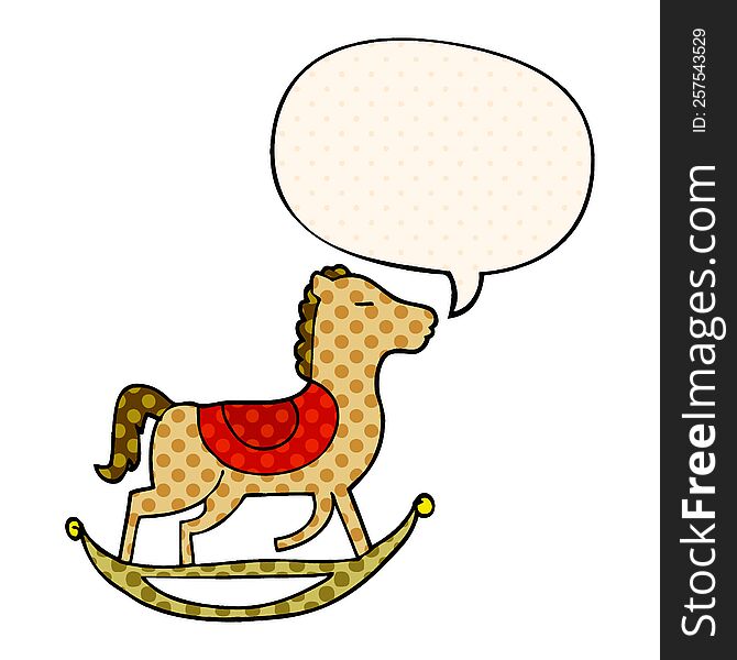 cartoon rocking horse and speech bubble in comic book style