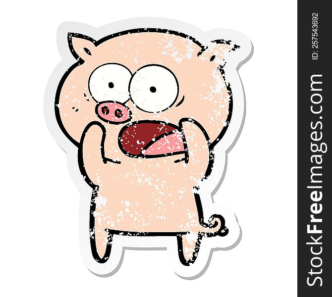 Distressed Sticker Of A Cartoon Pig Shouting