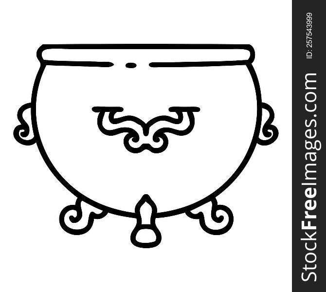 tattoo in black line style of a cauldron. tattoo in black line style of a cauldron