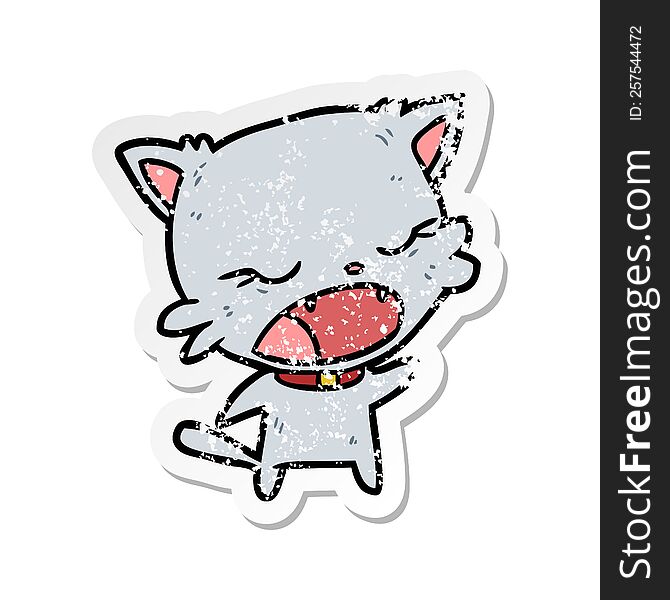 Distressed Sticker Of A Cartoon Cat Talking