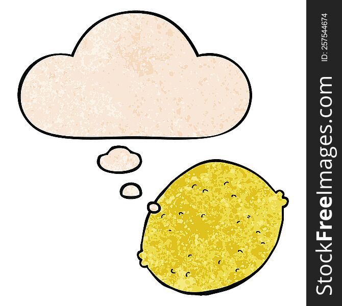 Cartoon Lemon And Thought Bubble In Grunge Texture Pattern Style