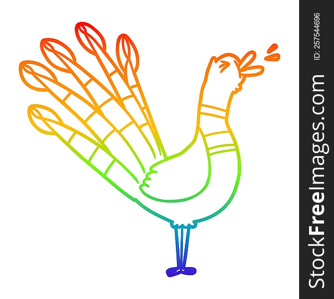 rainbow gradient line drawing of a cartoon crowing peacock