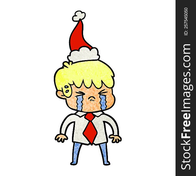 hand drawn textured cartoon of a boy crying wearing santa hat