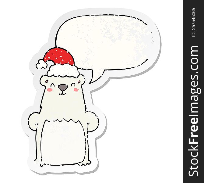 Cartoon Bear Wearing Christmas Hat And Speech Bubble Distressed Sticker