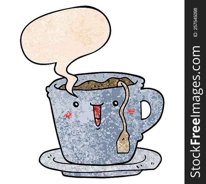 cute cartoon cup and saucer with speech bubble in retro texture style