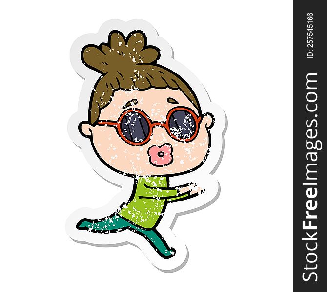 distressed sticker of a cartoon woman wearing sunglasses