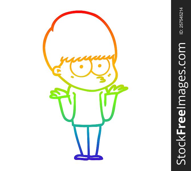 Rainbow Gradient Line Drawing Confused Cartoon Boy Shrugging Shoulders