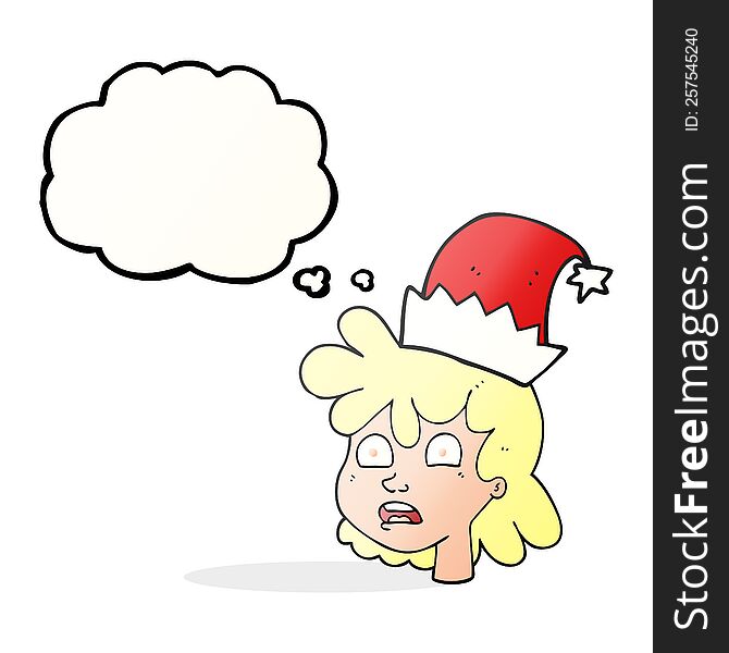 freehand drawn thought bubble cartoon stressed woman wearing santa hat. freehand drawn thought bubble cartoon stressed woman wearing santa hat