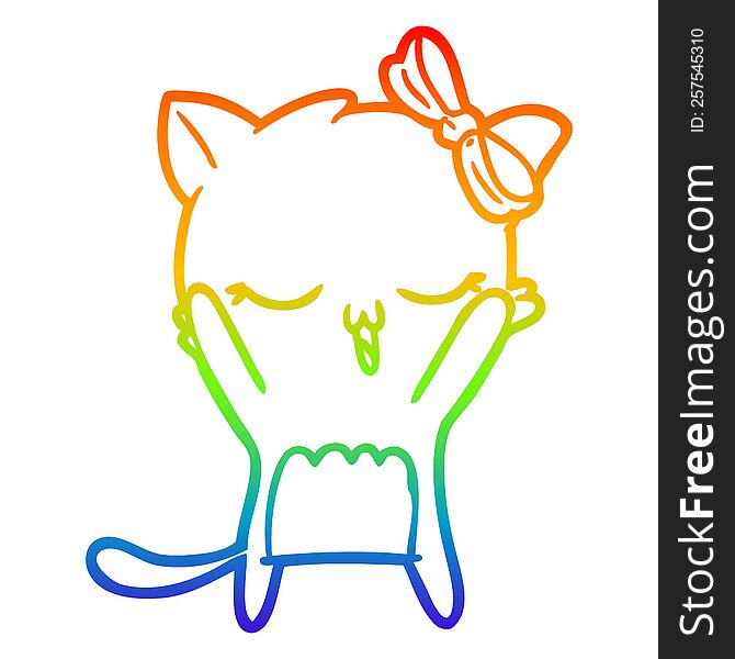 Rainbow Gradient Line Drawing Cartoon Cat With Bow On Head