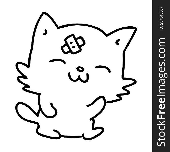 line doodle of a happy cat with sticking plaster on forehead