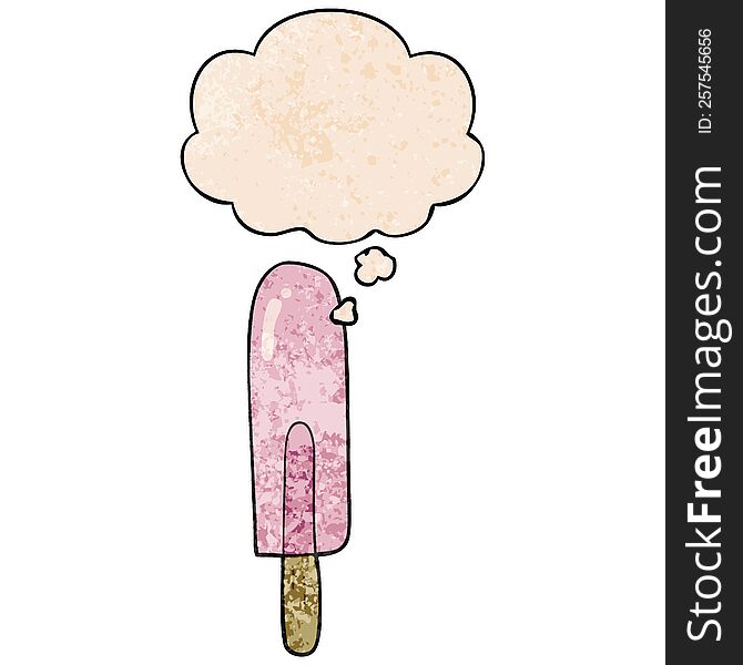 cartoon ice lolly with thought bubble in grunge texture style. cartoon ice lolly with thought bubble in grunge texture style