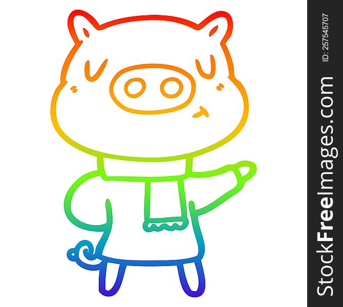 rainbow gradient line drawing of a cartoon content pig in winter attire