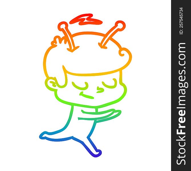Rainbow Gradient Line Drawing Friendly Cartoon Spaceman Running
