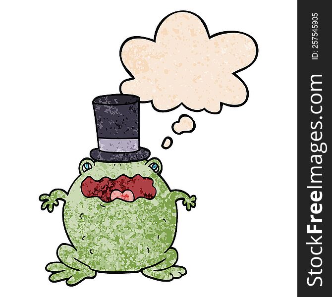 Cartoon Toad Wearing Top Hat And Thought Bubble In Grunge Texture Pattern Style