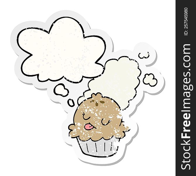 cute cartoon pie with thought bubble as a distressed worn sticker