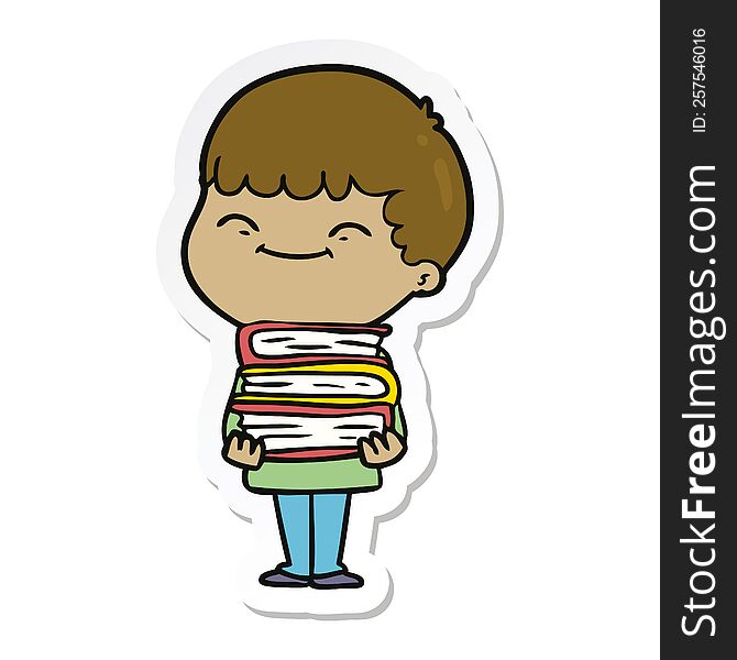 sticker of a cartoon happy boy with books