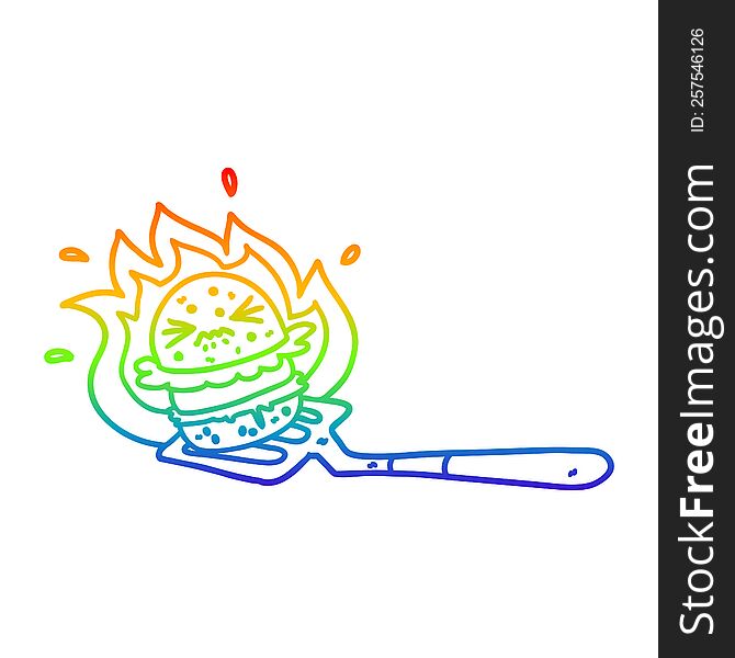 Rainbow Gradient Line Drawing Cartoon Burger On Spatula