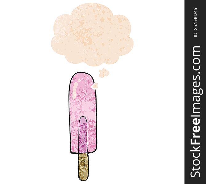 cartoon ice lolly with thought bubble in grunge distressed retro textured style. cartoon ice lolly with thought bubble in grunge distressed retro textured style