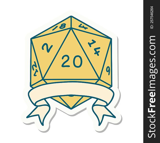 sticker of a natural 20 critical hit D20 dice roll. sticker of a natural 20 critical hit D20 dice roll