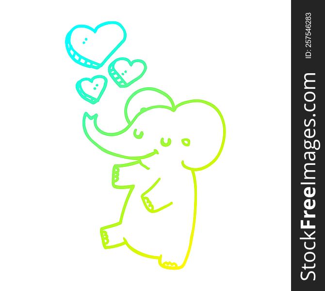 cold gradient line drawing of a cartoon elephant with love hearts