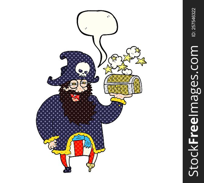 freehand drawn comic book speech bubble cartoon pirate captain with treasure chest
