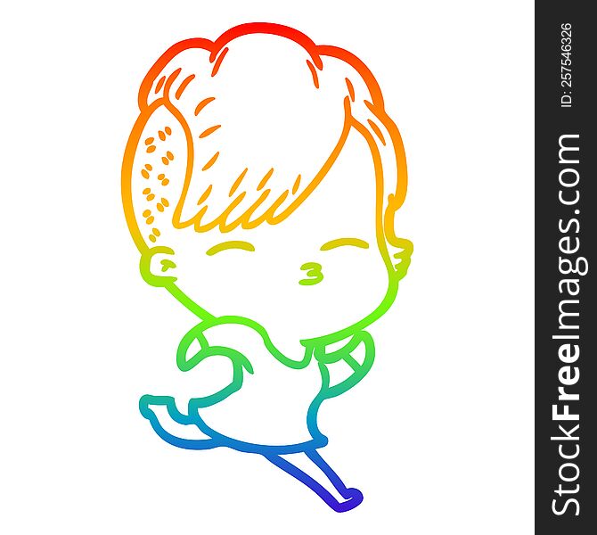 Rainbow Gradient Line Drawing Cartoon Squinting Girl Running