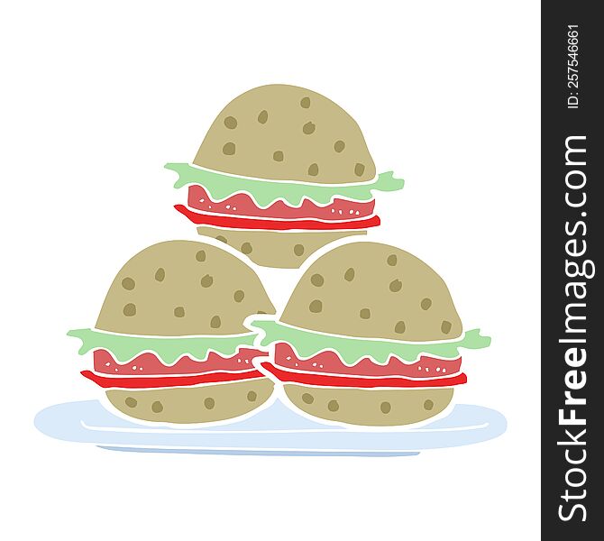 flat color illustration of a cartoon plate of burgers