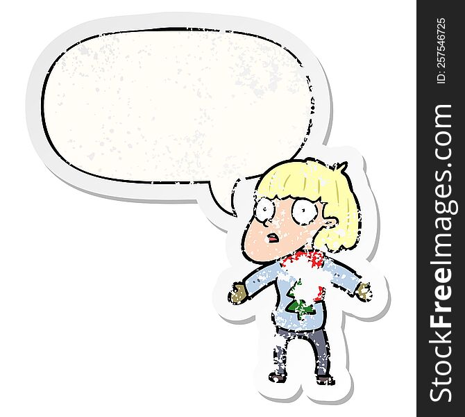 Cartoon Surprised Christmas Person And Speech Bubble Distressed Sticker