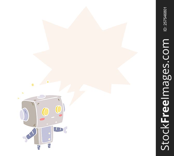 Cute Cartoon Surprised Robot And Speech Bubble In Retro Style