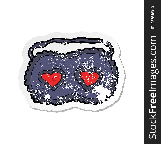 retro distressed sticker of a cartoon sleeping mask with love hearts
