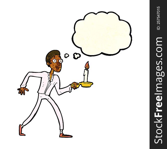 Cartoon Frightened Man Walking With Candlestick With Thought Bubble