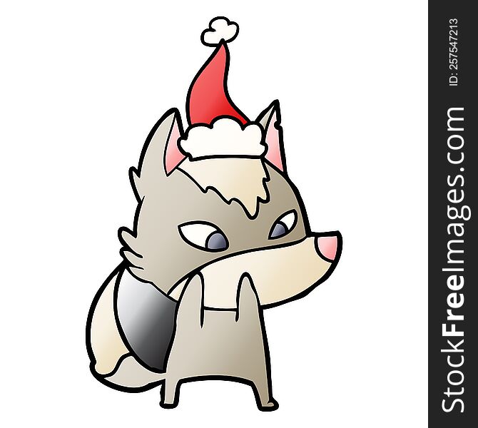 Shy Gradient Cartoon Of A Wolf Wearing Santa Hat