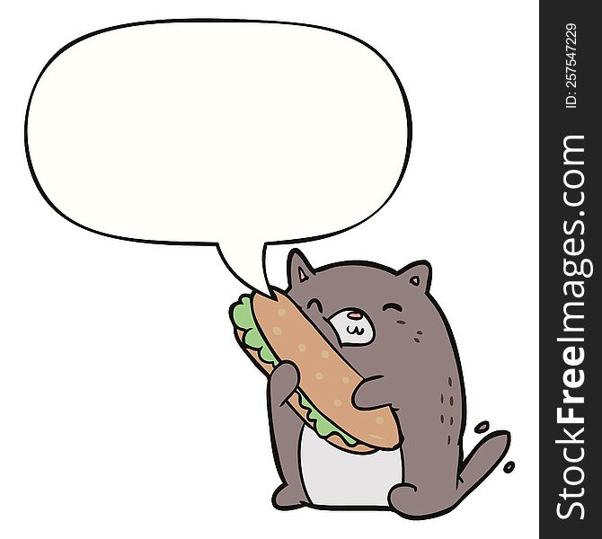 cartoon cat loving the amazing sandwich he\'s just made for lunch with speech bubble