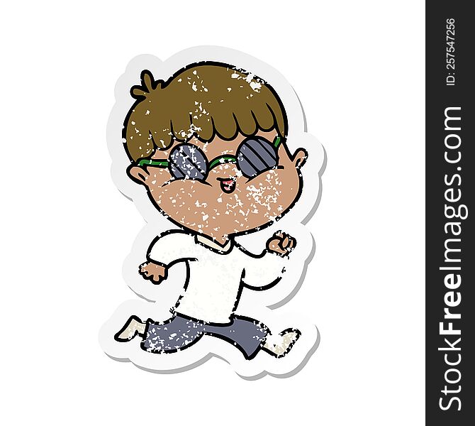 distressed sticker of a cartoon boy wearing sunglasses and running