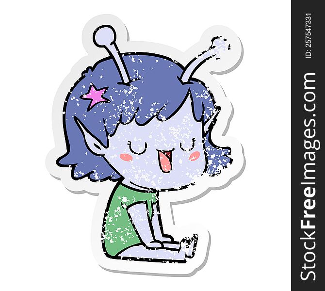 distressed sticker of a happy alien girl cartoon laughing