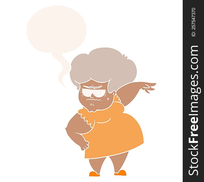 Cartoon Angry Old Woman And Speech Bubble In Retro Style