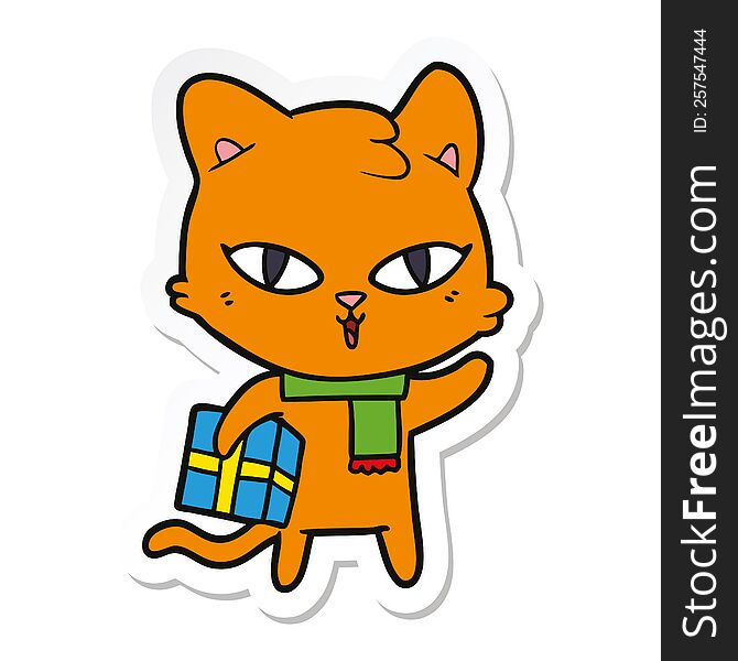 sticker of a cartoon cat with a present