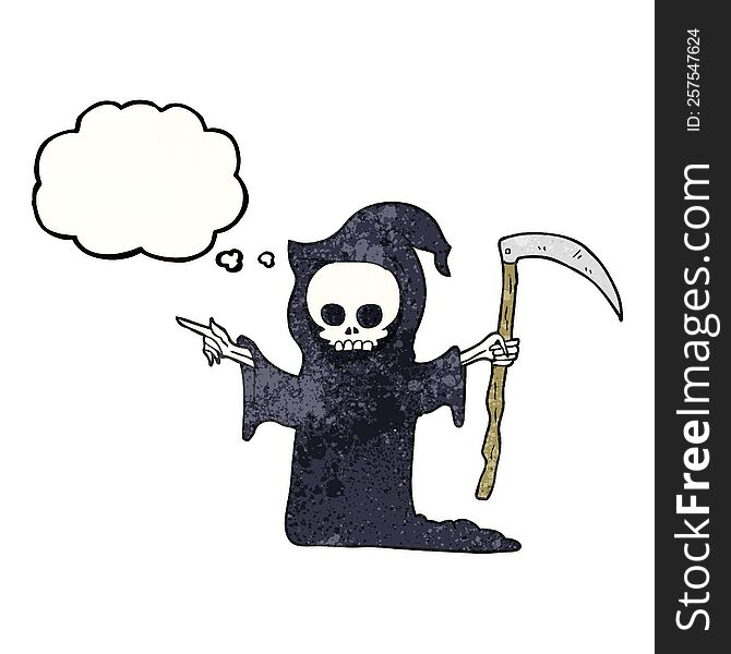 freehand drawn thought bubble textured cartoon death with scythe