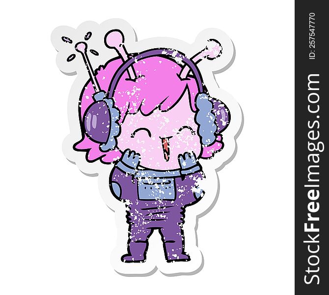 Distressed Sticker Of A Cartoon Alien Girl Listening To Music